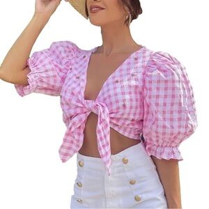 ZARA Women’s Pink White Cropped Gingham Barbie Core Top Sz Small